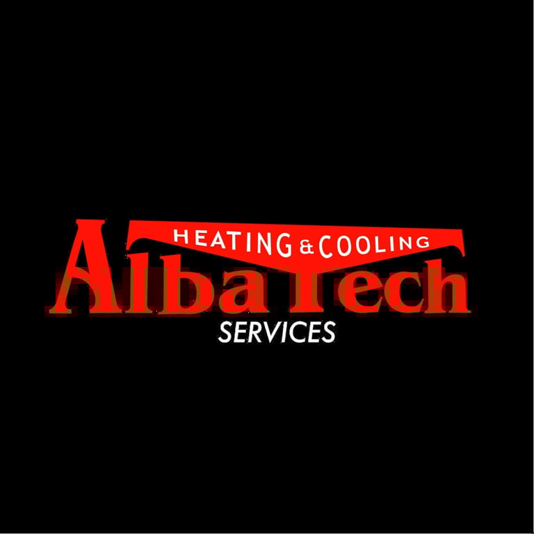 Albatech Heating and Cooling Services logo in red and white on black background